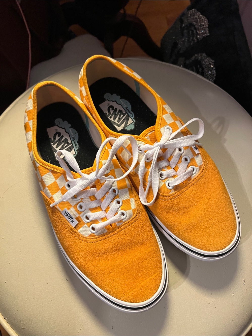 Vans Mustard and White Checkerboard Lace-Up Sneakers Comfy Cush